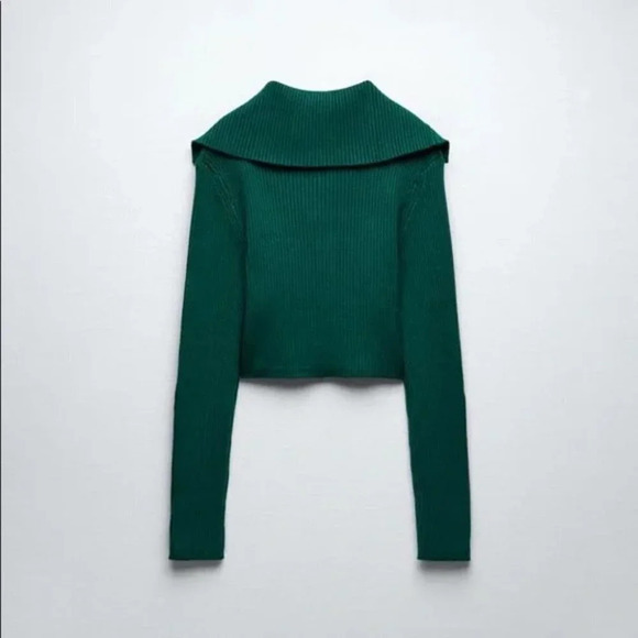 Zara Polo Collared Ribbed Snap Button  Knit Long Sleeve Sweater Shirt Green Sz S - Picture 3 of 8